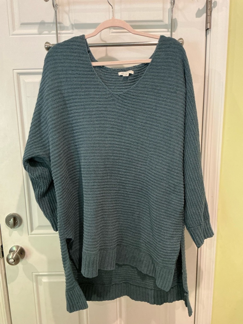 American Eagle Outfitters Teal V-Neck Ribbed Knit Sweater